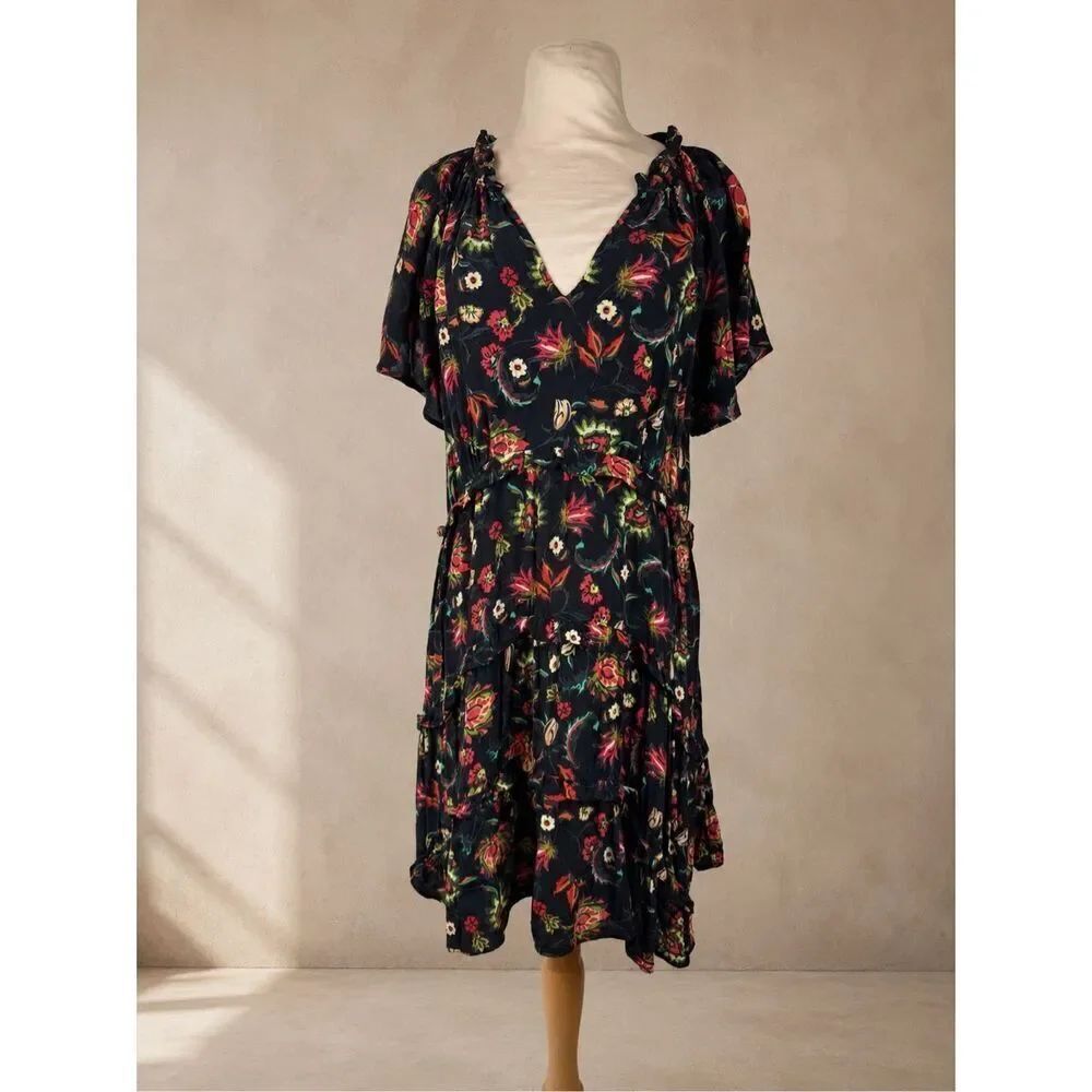 Anthropologie M Robin Tiered Mini Dress Black Floral Ruffle Boho Viscose